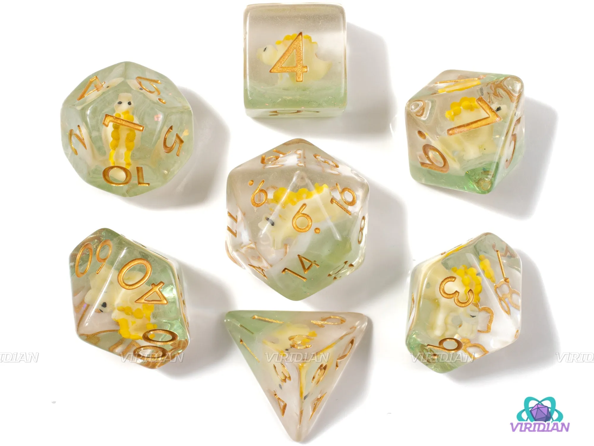 Lil' Stegosaurus | Dinosaur Inside Clear Resin Dice Set (7) | Dungeons and Dragons (DnD)