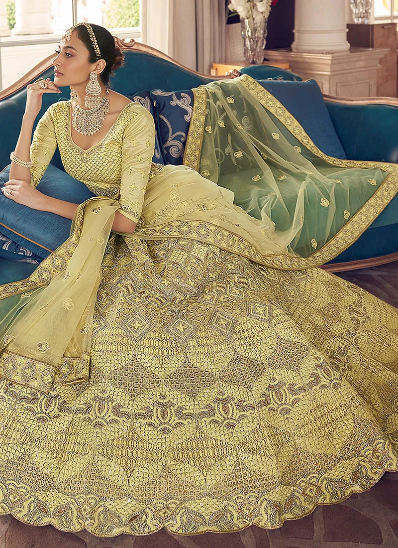 Lime Yellow Multi Embroidery Wedding Lehenga Choli