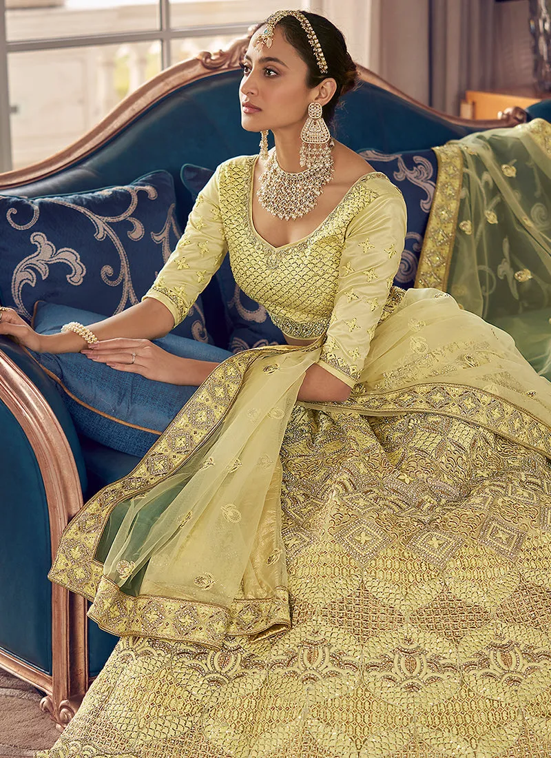 Lime Yellow Multi Embroidery Wedding Lehenga Choli