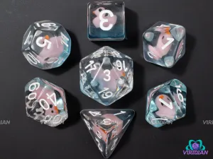 Loot Goose | Pink Duck, Light-Blue/Aqua Glittery Base, Clear | Resin Dice Set (7)