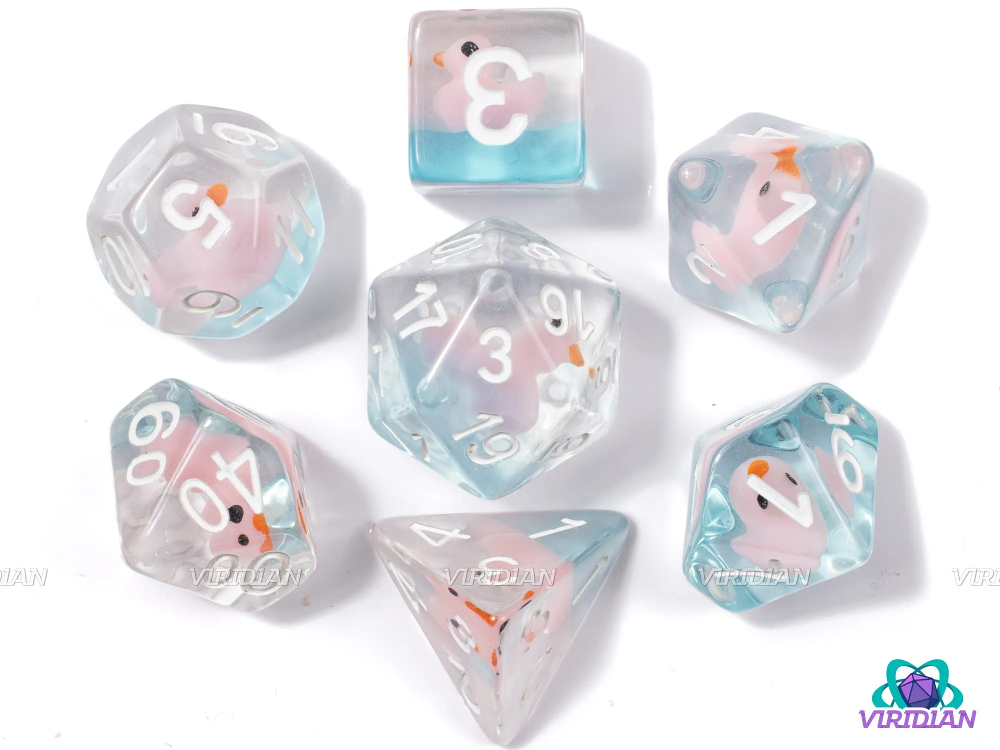 Loot Goose | Pink Duck, Light-Blue/Aqua Glittery Base, Clear | Resin Dice Set (7)