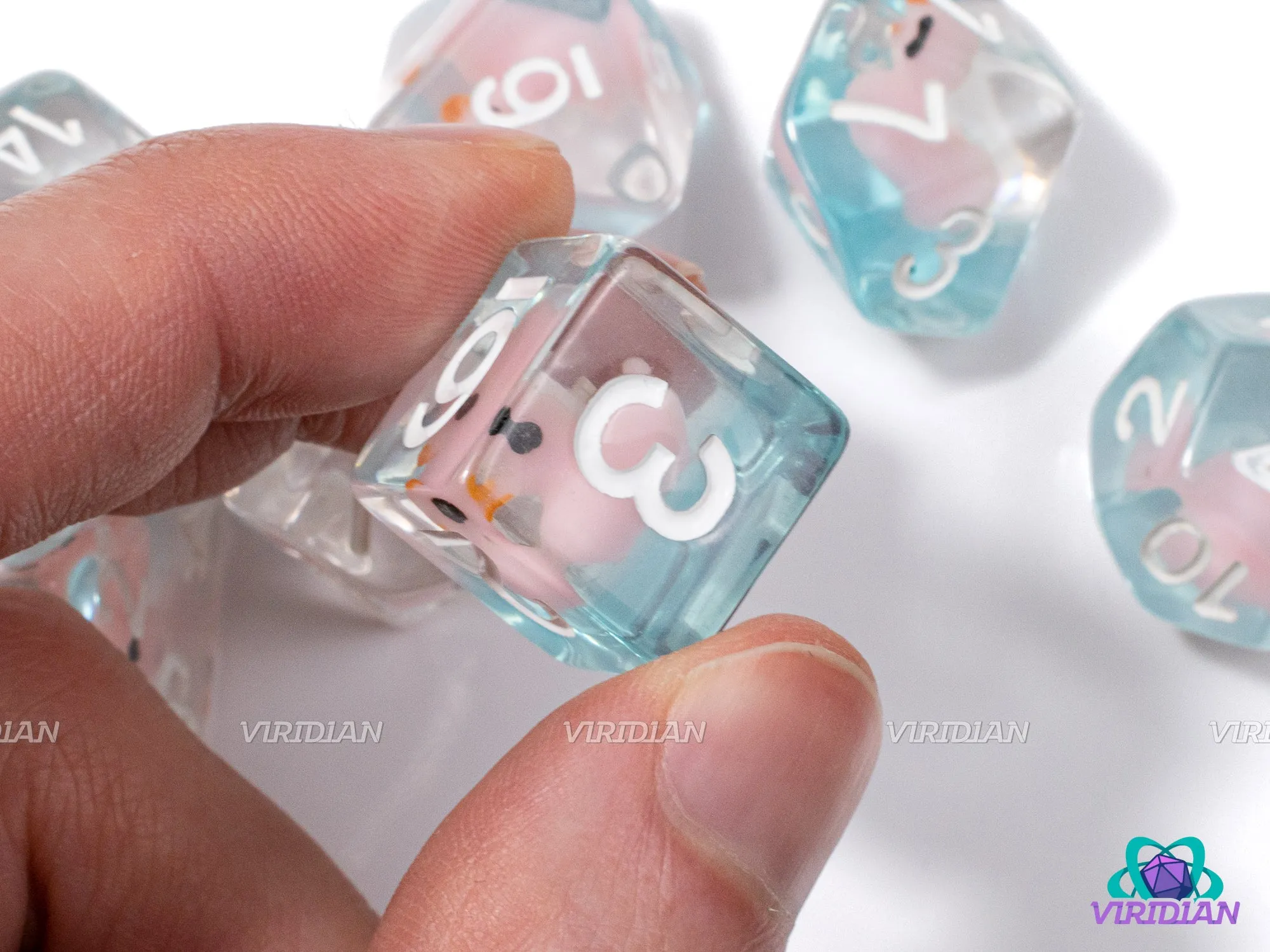 Loot Goose | Pink Duck, Light-Blue/Aqua Glittery Base, Clear | Resin Dice Set (7)