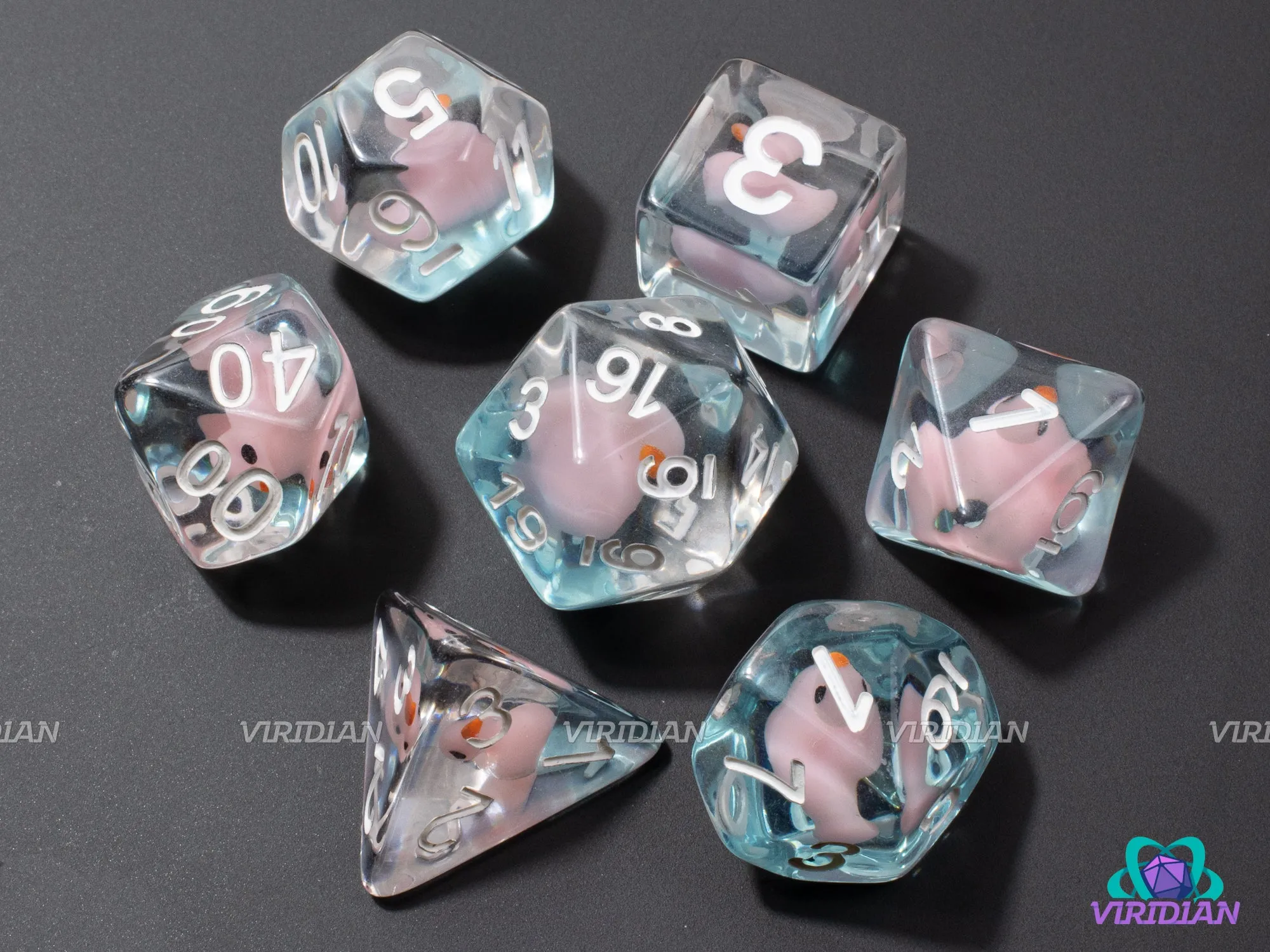 Loot Goose | Pink Duck, Light-Blue/Aqua Glittery Base, Clear | Resin Dice Set (7)