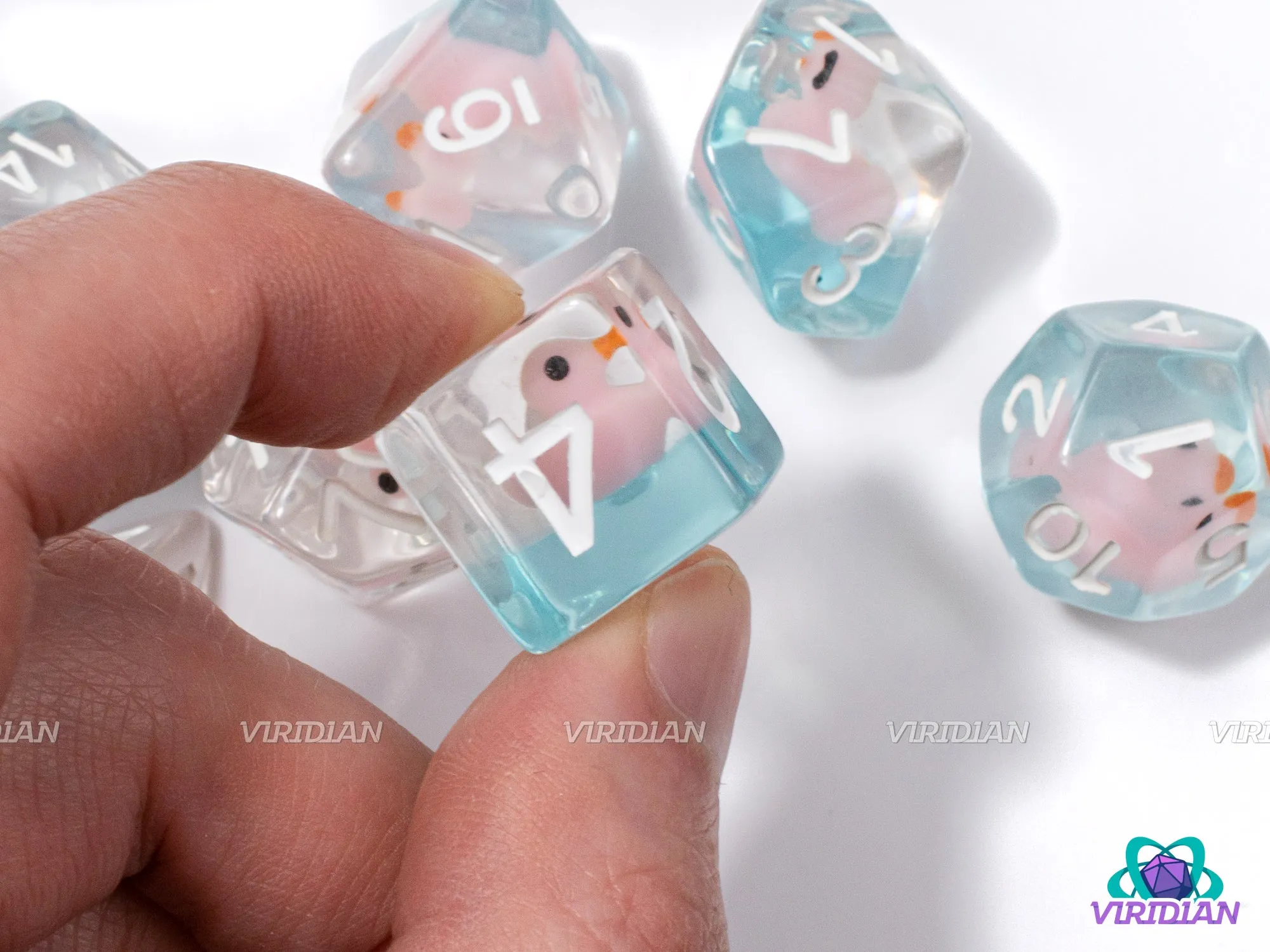 Loot Goose | Pink Duck, Light-Blue/Aqua Glittery Base, Clear | Resin Dice Set (7)