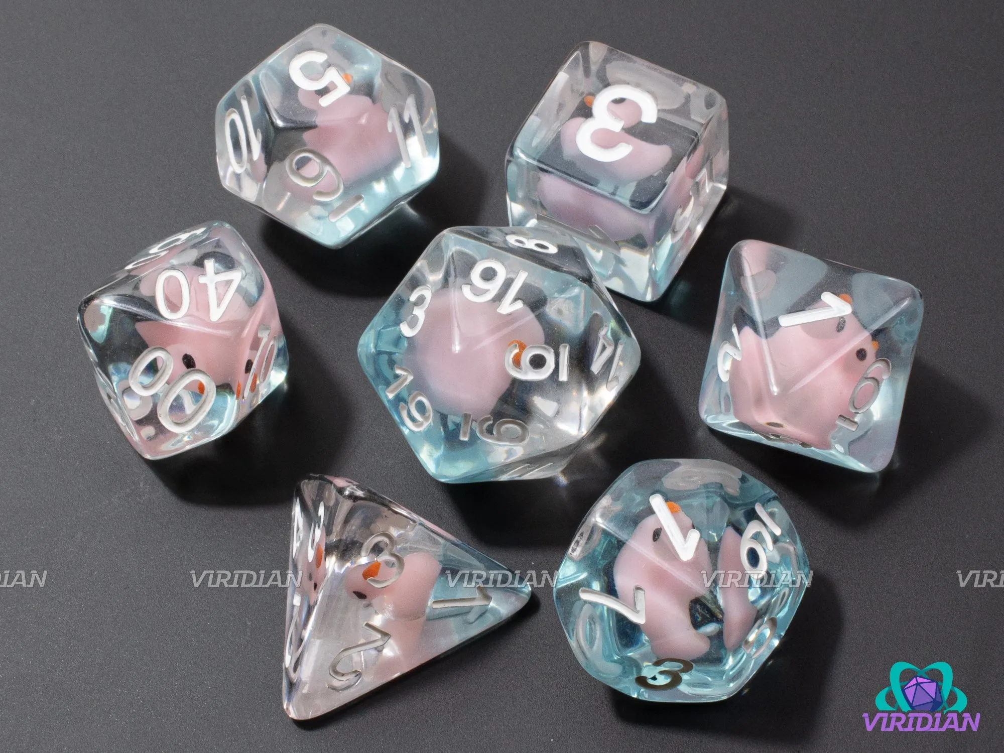 Loot Goose | Pink Duck, Light-Blue/Aqua Glittery Base, Clear | Resin Dice Set (7)