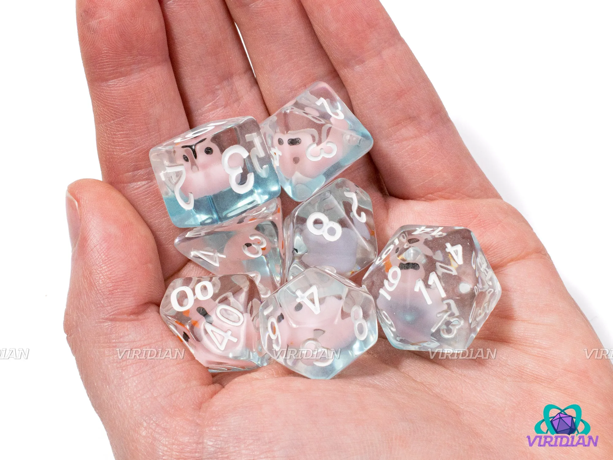 Loot Goose | Pink Duck, Light-Blue/Aqua Glittery Base, Clear | Resin Dice Set (7)