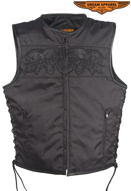 Mens Black Textile Motorcycle Vest With Reflective Skulls Across Chest & Back