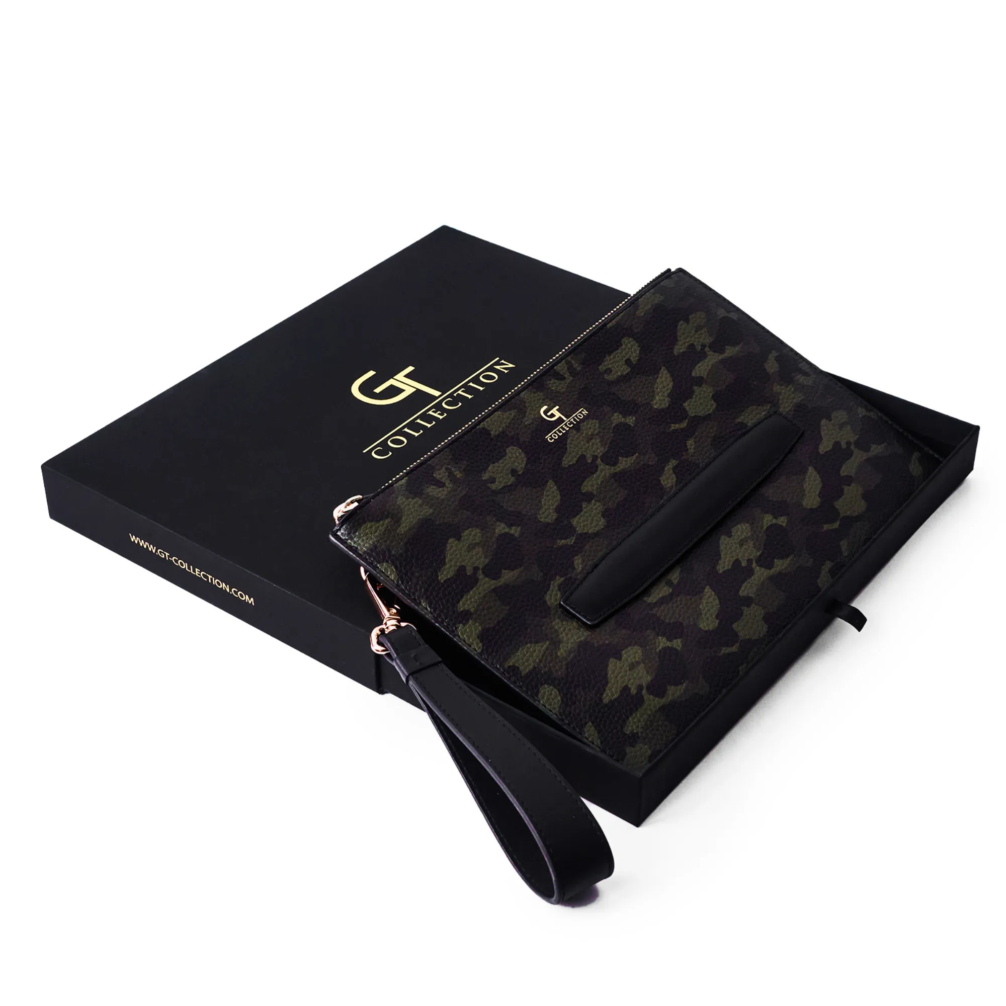 Men's Leather Hand Bag - Green Camouflage with golden details