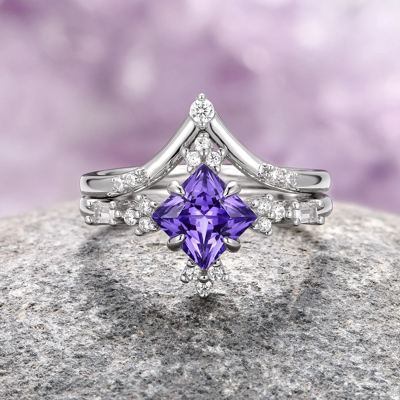 Natural Amethyst Ring Set- Sterling Silver