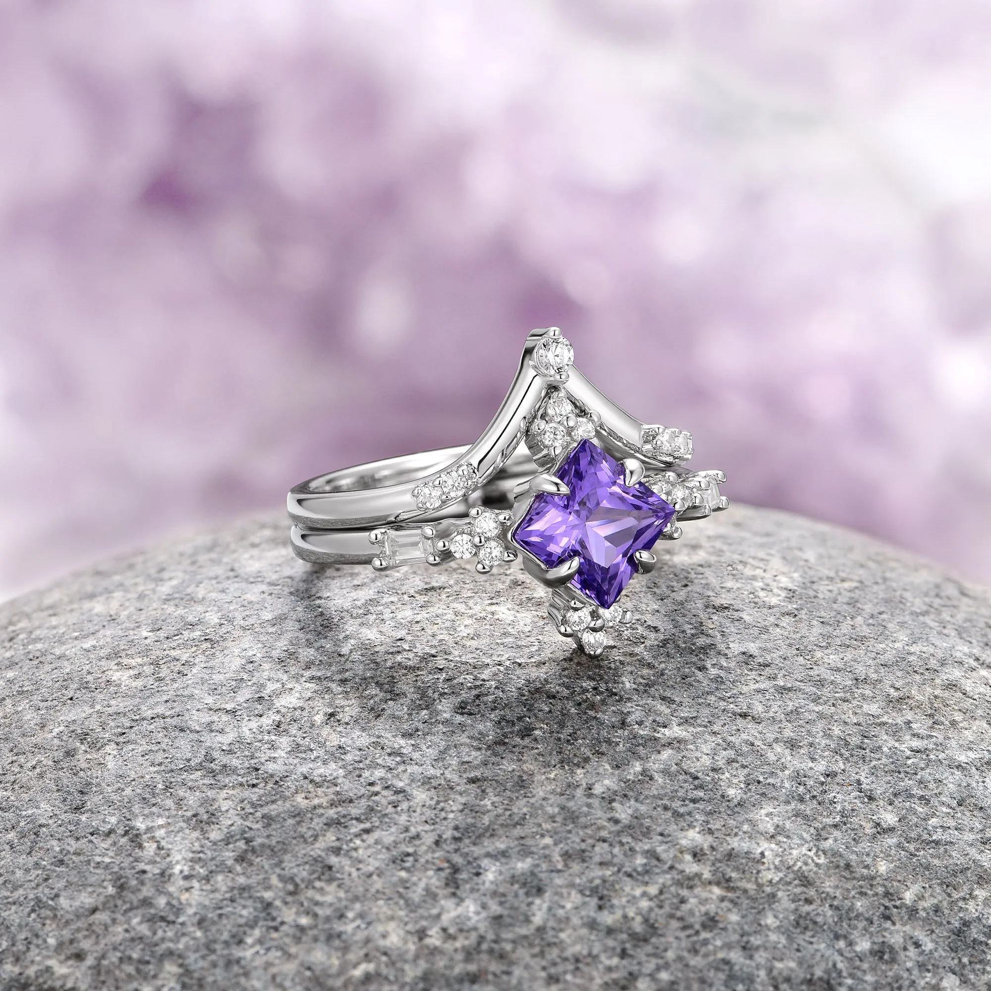 Natural Amethyst Ring Set- Sterling Silver