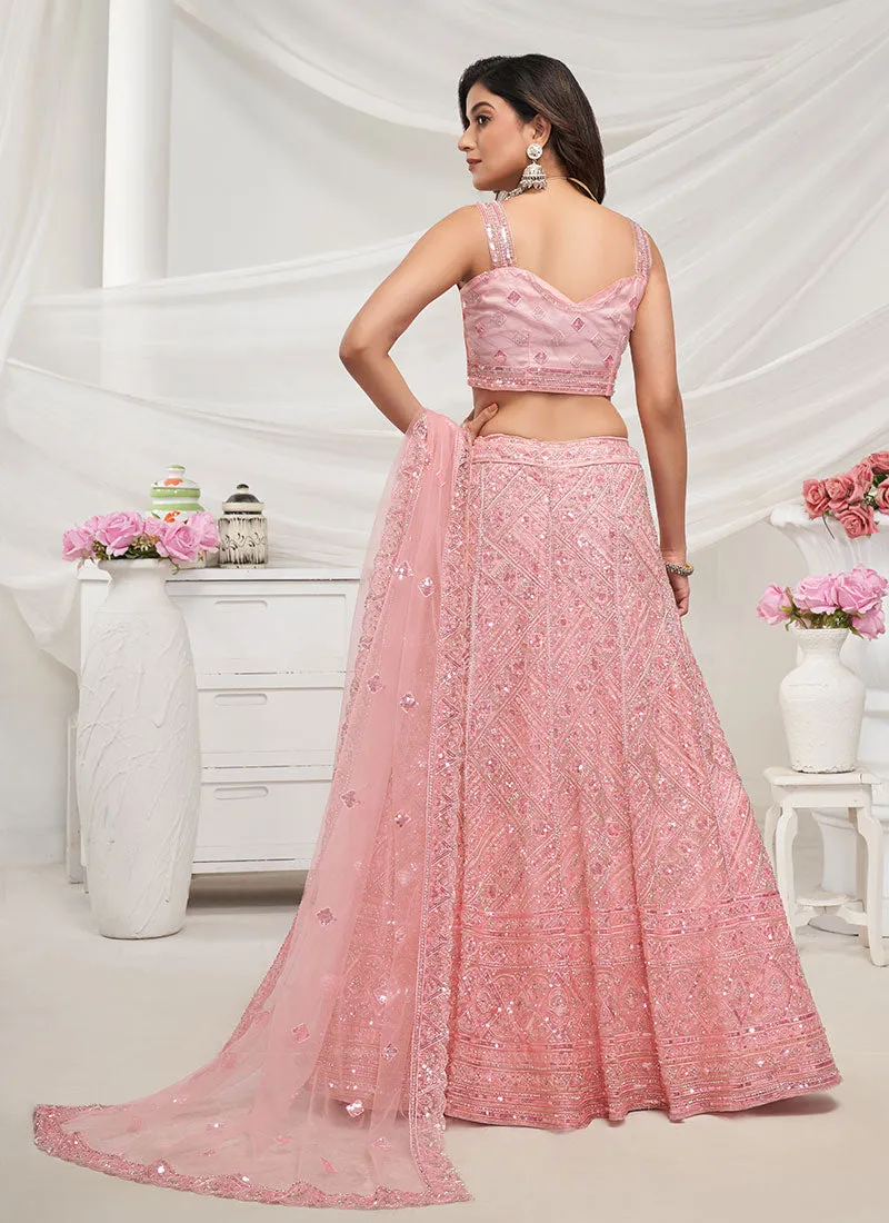 Peach Sequence Embroidery Designer Lehenga Choli For Wedding