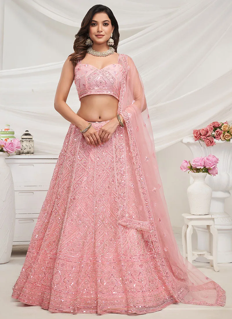 Peach Sequence Embroidery Designer Lehenga Choli For Wedding