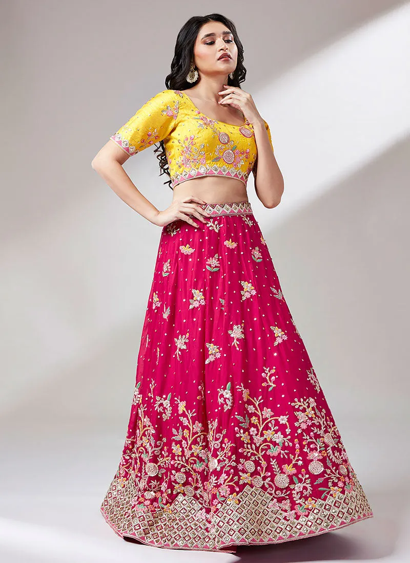 Pink And Yellow Multi Embroidery Lehenga Choli And Dupatta