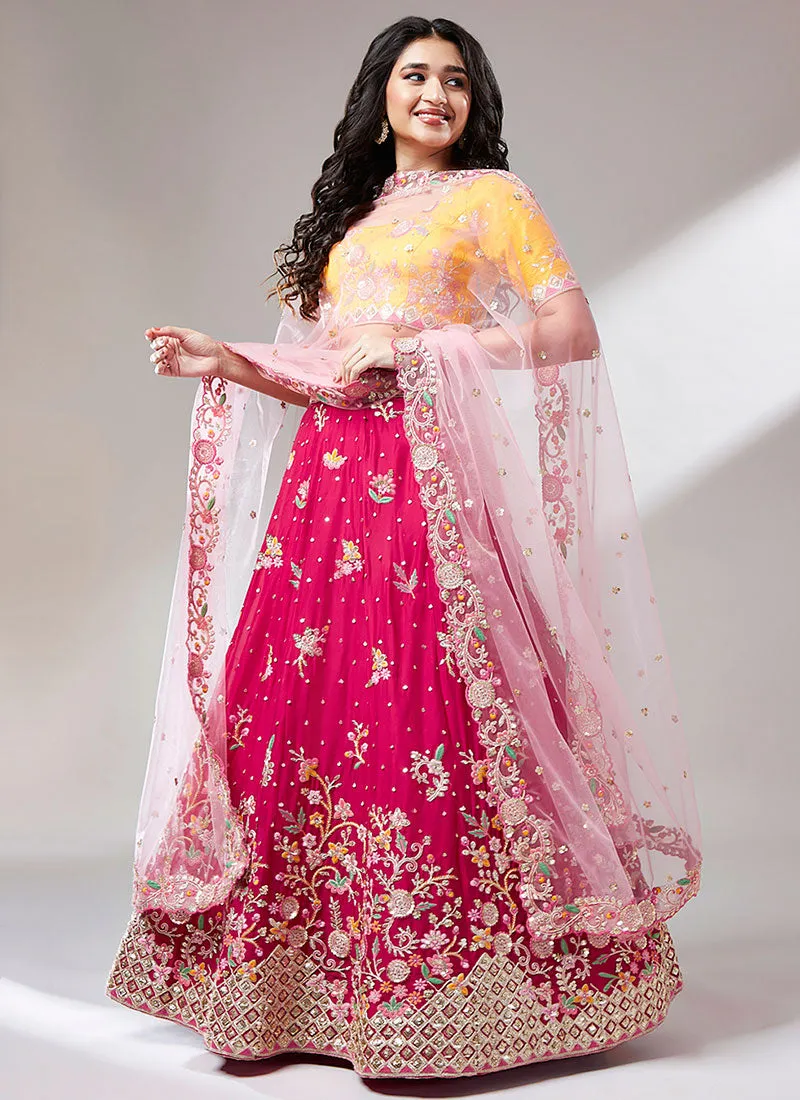 Pink And Yellow Multi Embroidery Lehenga Choli And Dupatta