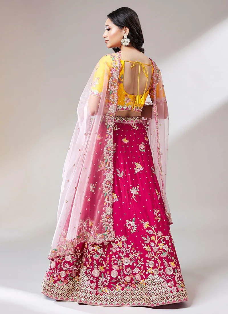 Pink And Yellow Multi Embroidery Lehenga Choli And Dupatta