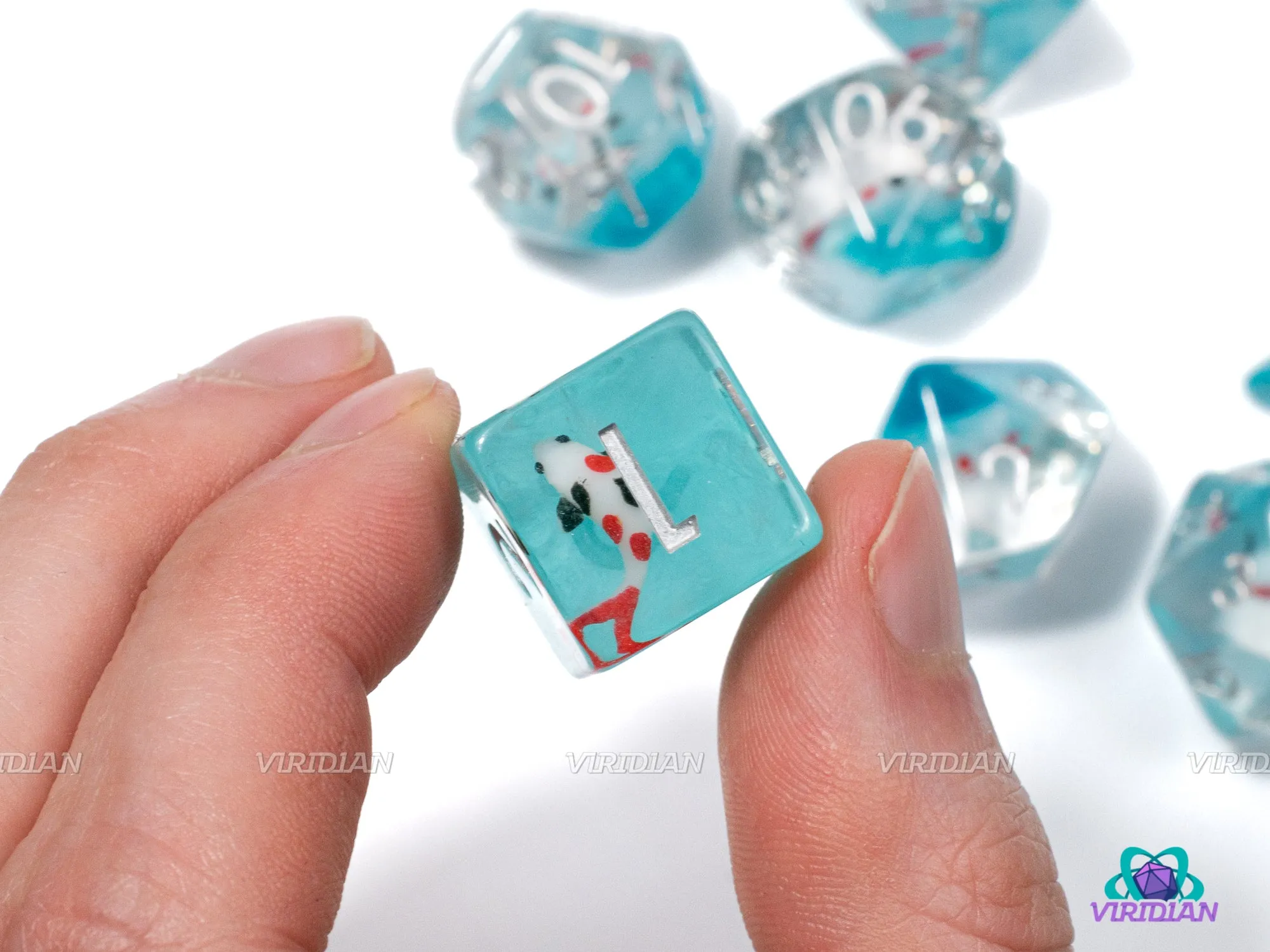 Plenty of Fish | White & Red Koi Charm Inside Clear and Blue | Resin Dice Set (7)