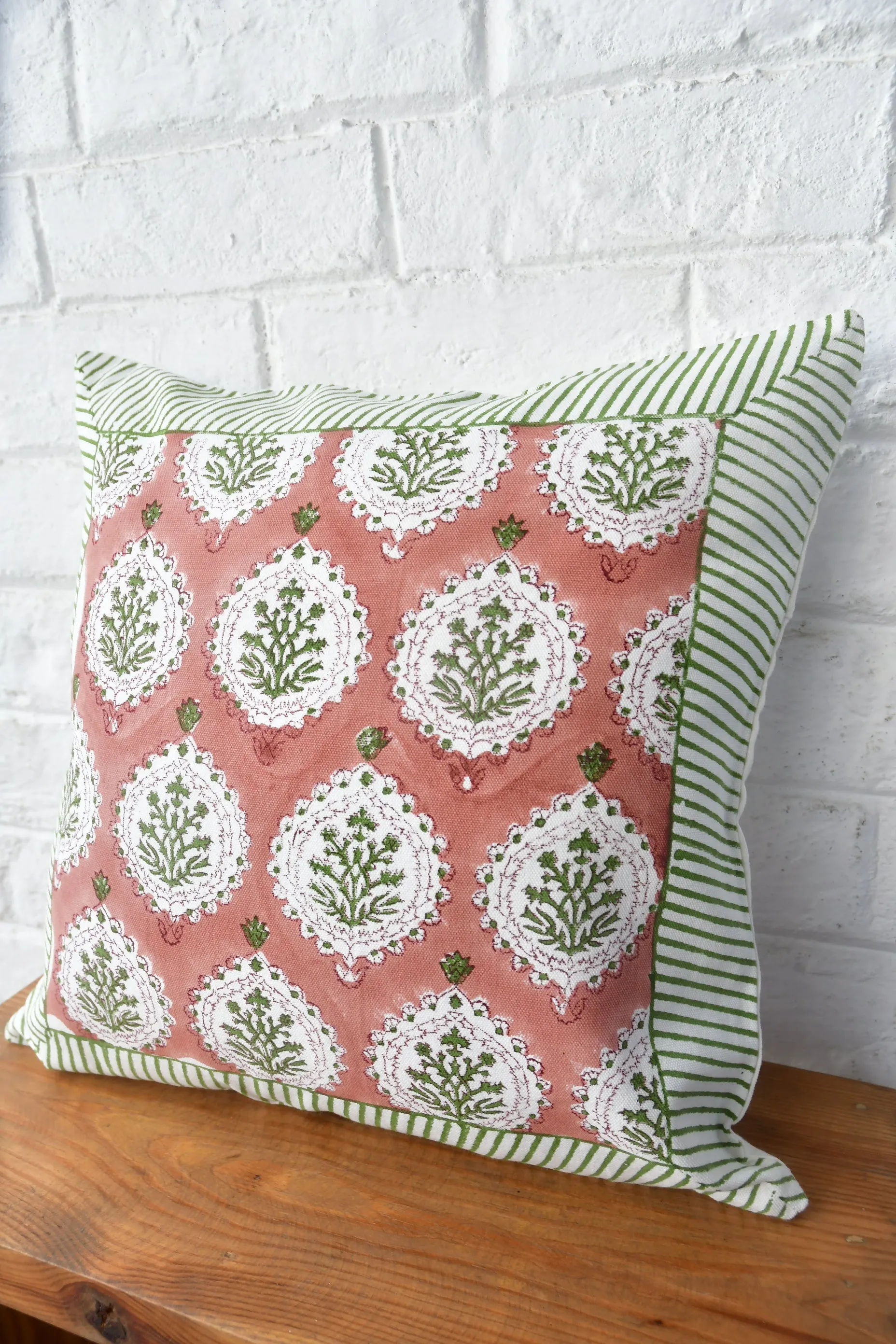 Rust & Green Hand Block Cushion | Earthy Elegance for Your Home (Jaipur, India)