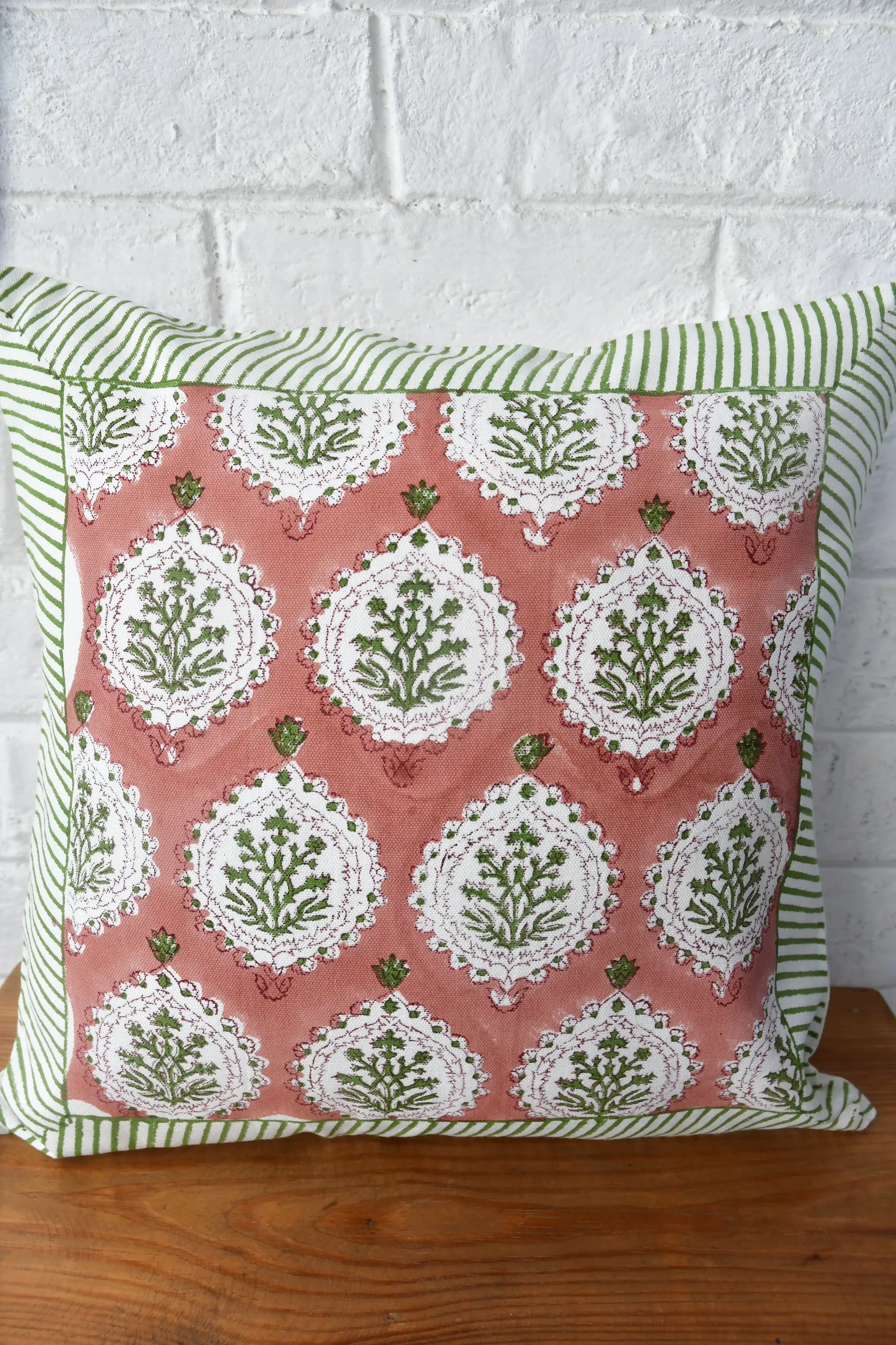 Rust & Green Hand Block Cushion | Earthy Elegance for Your Home (Jaipur, India)