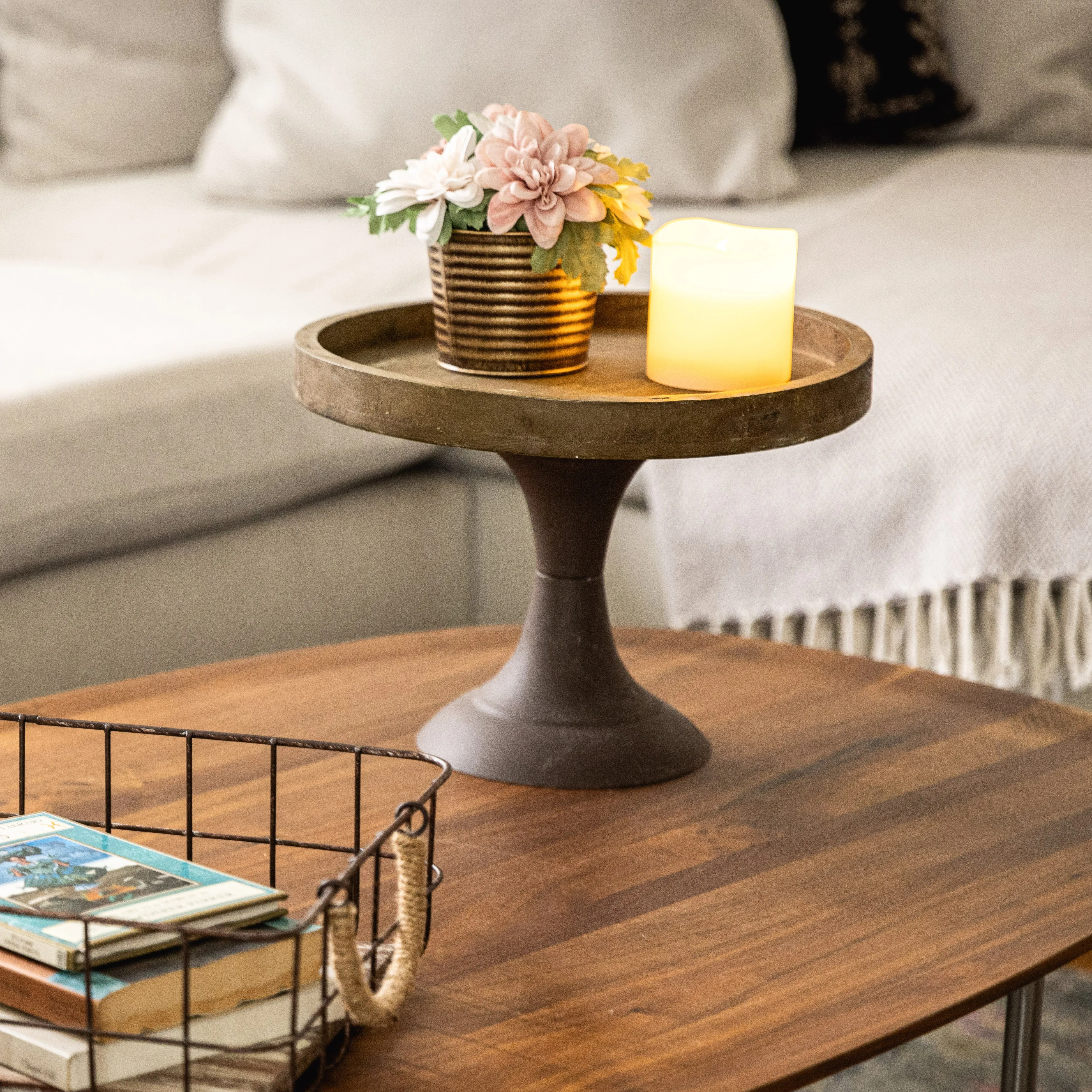 Rustic Worn Natural Wood and Metal Pedestal Tray