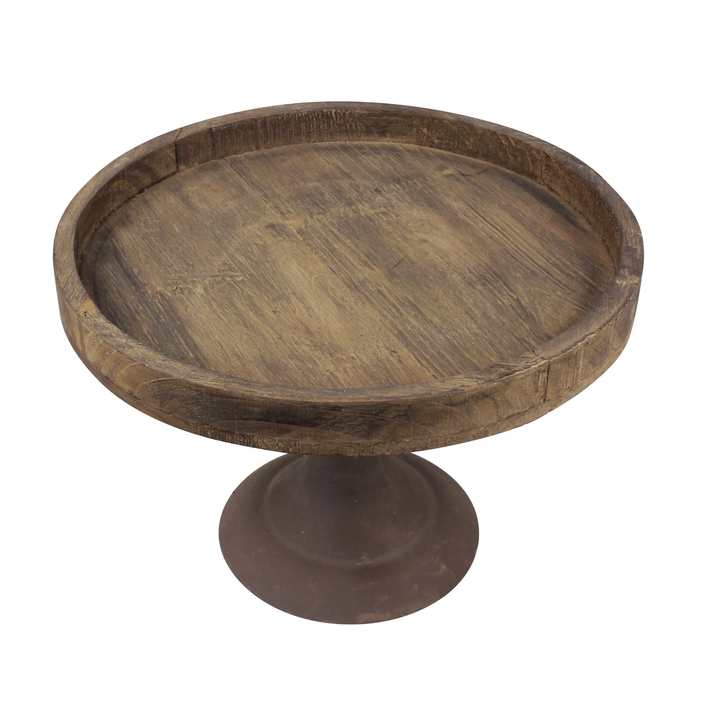 Rustic Worn Natural Wood and Metal Pedestal Tray