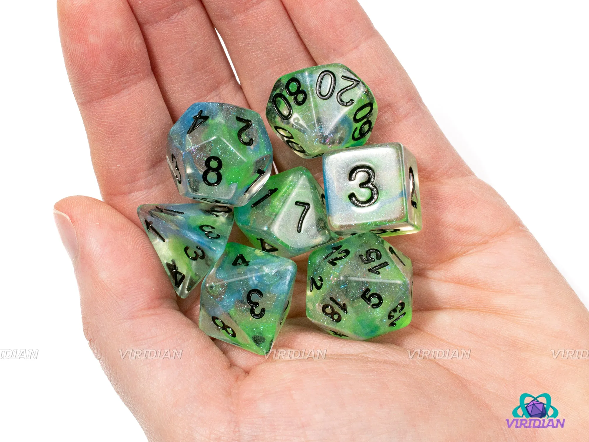 Sea Kelp | Glittery Blue and Green Translucent Dice, Unicorn Design | Resin Polyhedral Dice Set (7)