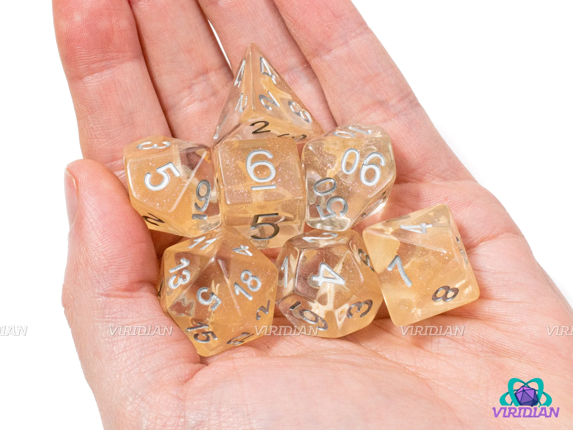 Sea Stars | Beige Starfish, Orange-Tan Translucent Layer, Glitter | Resin Dice Set (7)