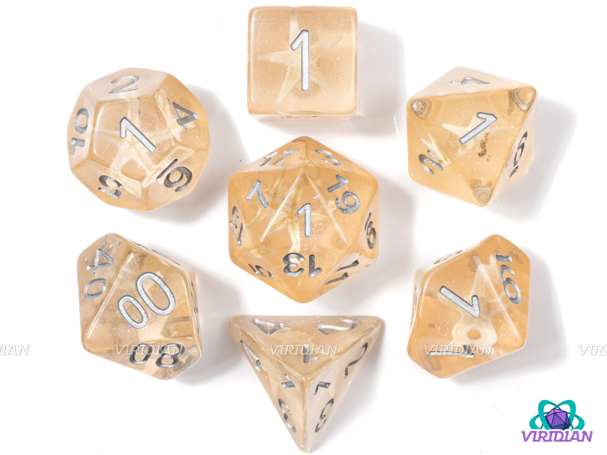 Sea Stars | Beige Starfish, Orange-Tan Translucent Layer, Glitter | Resin Dice Set (7)