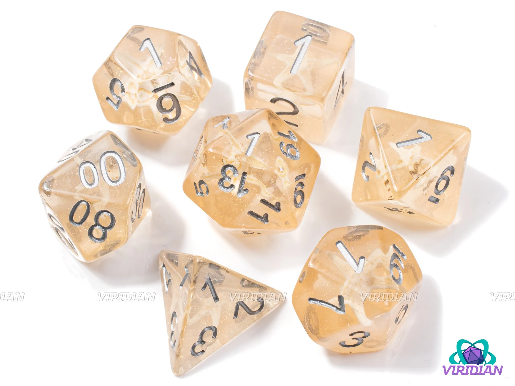 Sea Stars | Beige Starfish, Orange-Tan Translucent Layer, Glitter | Resin Dice Set (7)