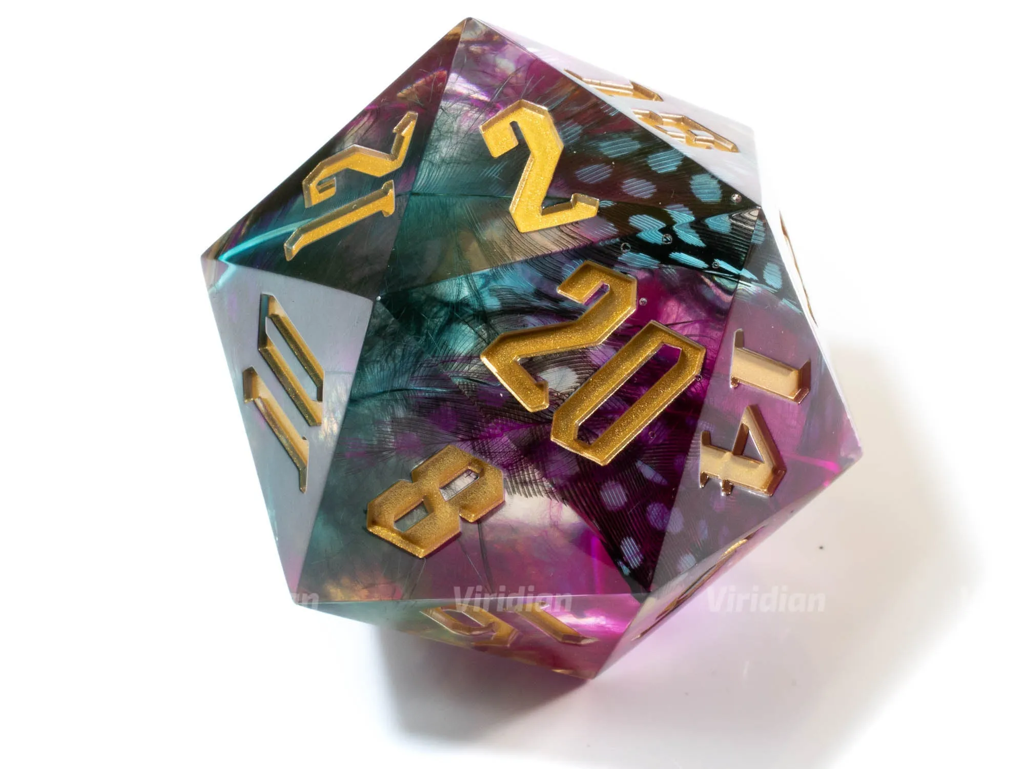 Talons & Storms | 55mm Giant Feather Filled Resin D20 Die (1) | Viridian Exclusive