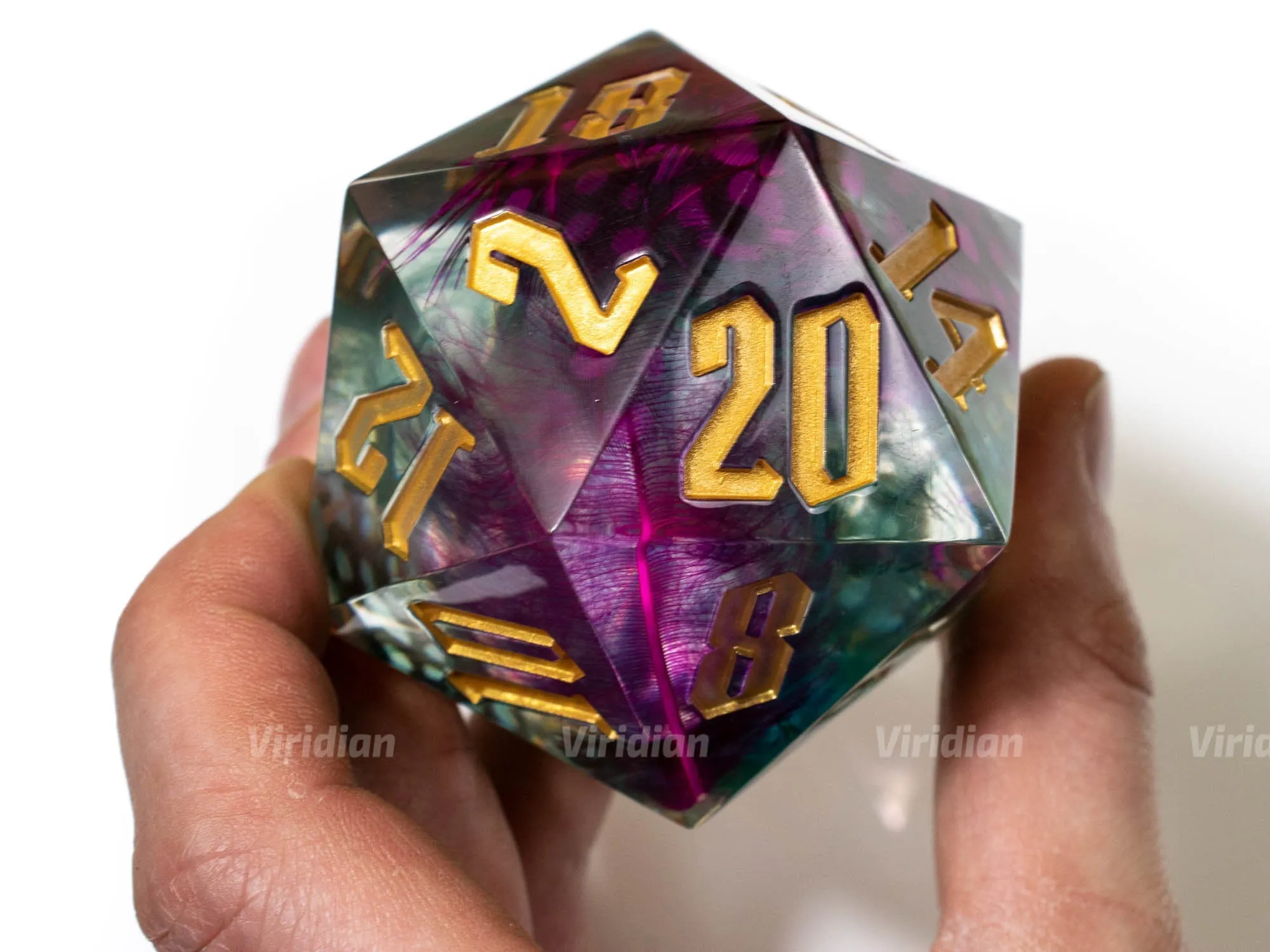 Talons & Storms | 55mm Giant Feather Filled Resin D20 Die (1) | Viridian Exclusive