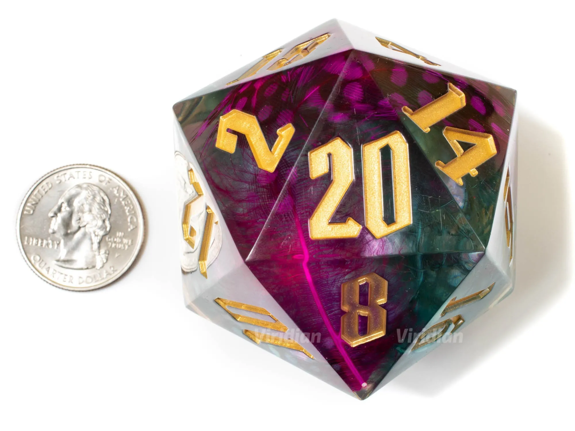 Talons & Storms | 55mm Giant Feather Filled Resin D20 Die (1) | Viridian Exclusive