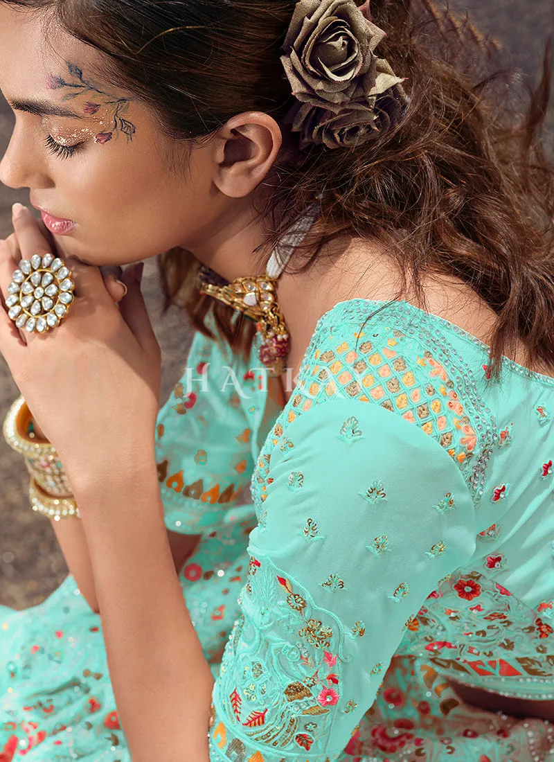 Teal Blue Zarkan Embroidered Designer Lehenga Choli