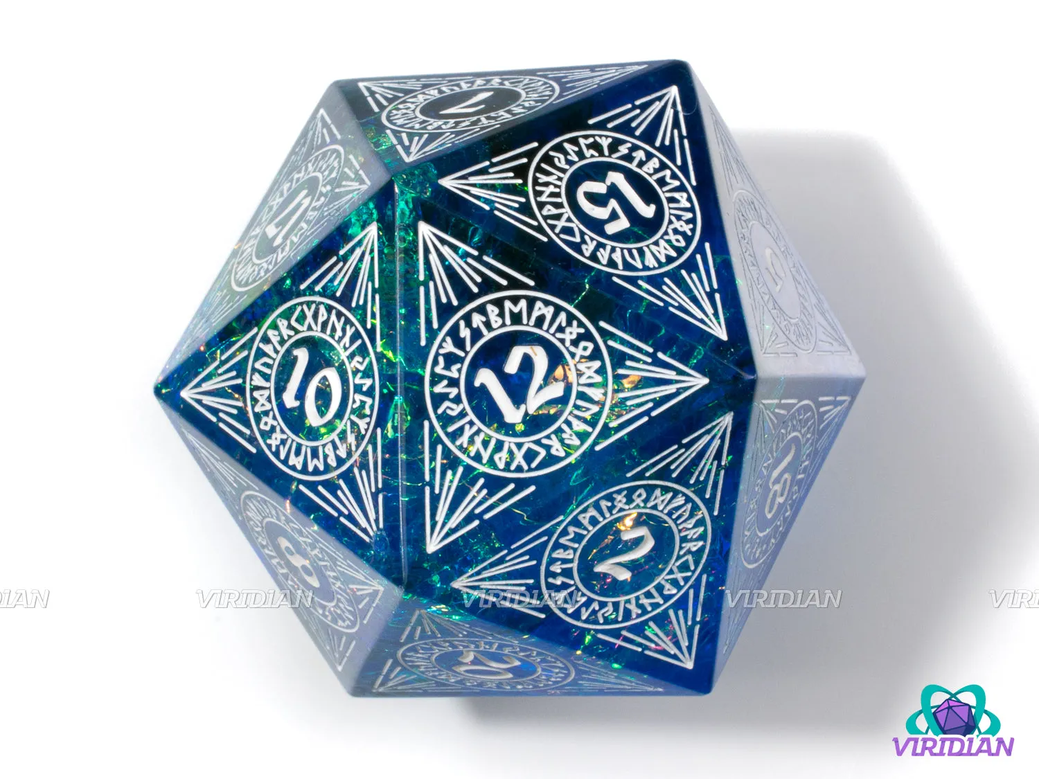 The Depths (D20) | Sharp Edged, Translucent Blue, Holographic Film, White Ink, 33mm | Large Resin Die (1)