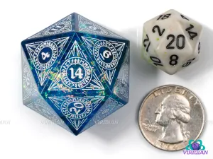 The Depths (D20) | Sharp Edged, Translucent Blue, Holographic Film, White Ink, 33mm | Large Resin Die (1)