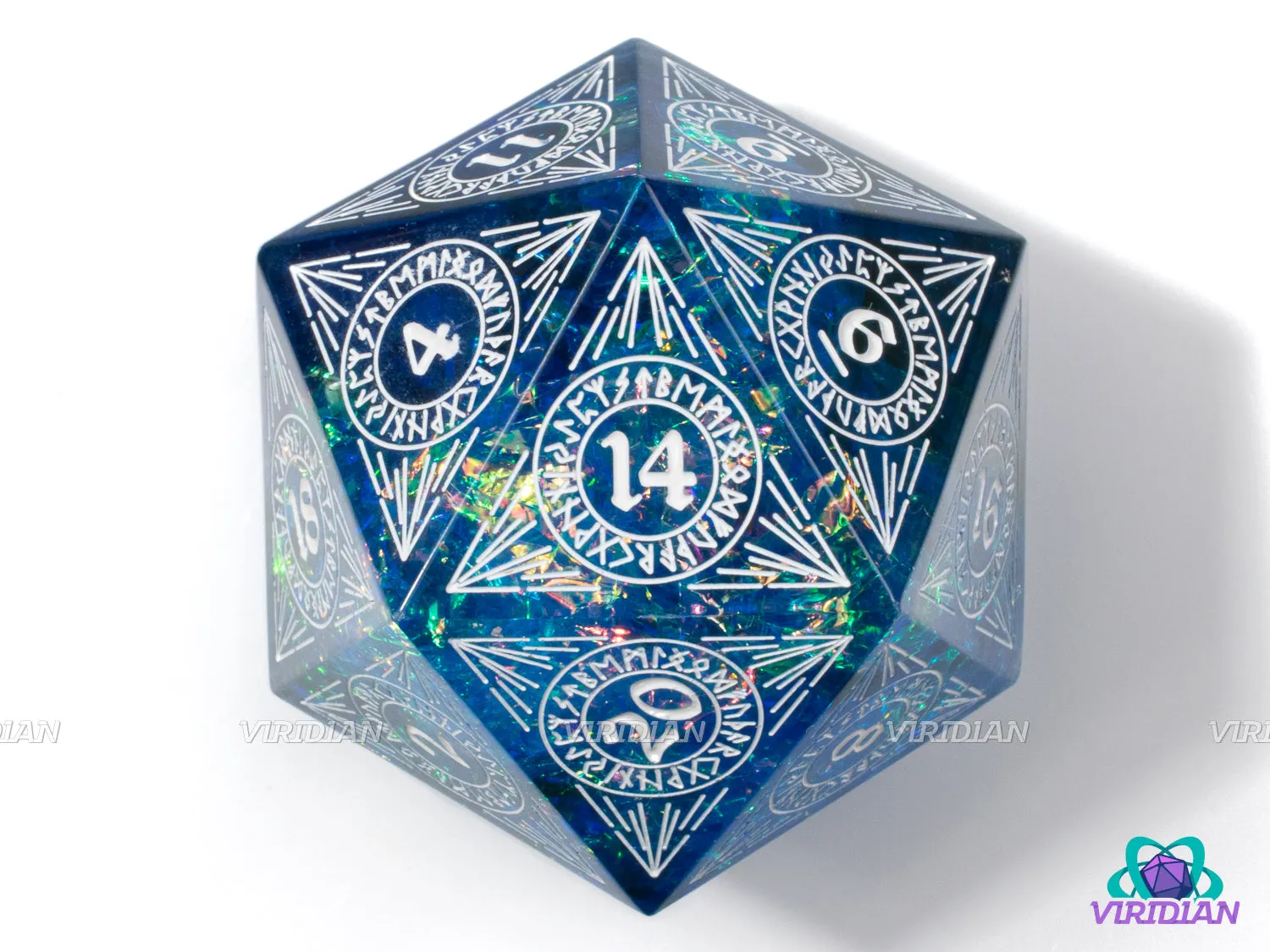 The Depths (D20) | Sharp Edged, Translucent Blue, Holographic Film, White Ink, 33mm | Large Resin Die (1)