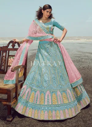 Turkish Blue Zarkan Embroidered Designer Lehenga Choli