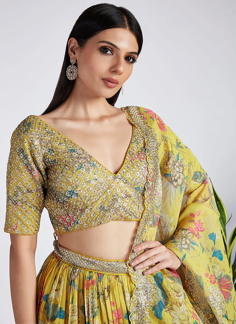 Yellow Sequence Embroidery Printed Lehenga Choli And Dupatta